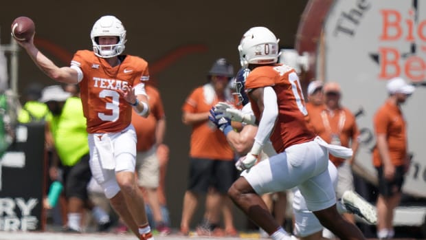 Texas Longhorns quarterback Quinn Ewers (3) looks to pass the ball against the Rice Owls in the first half of an NCAA college football game, Saturday, Sept. 2, 2023, in Austin, Texas.